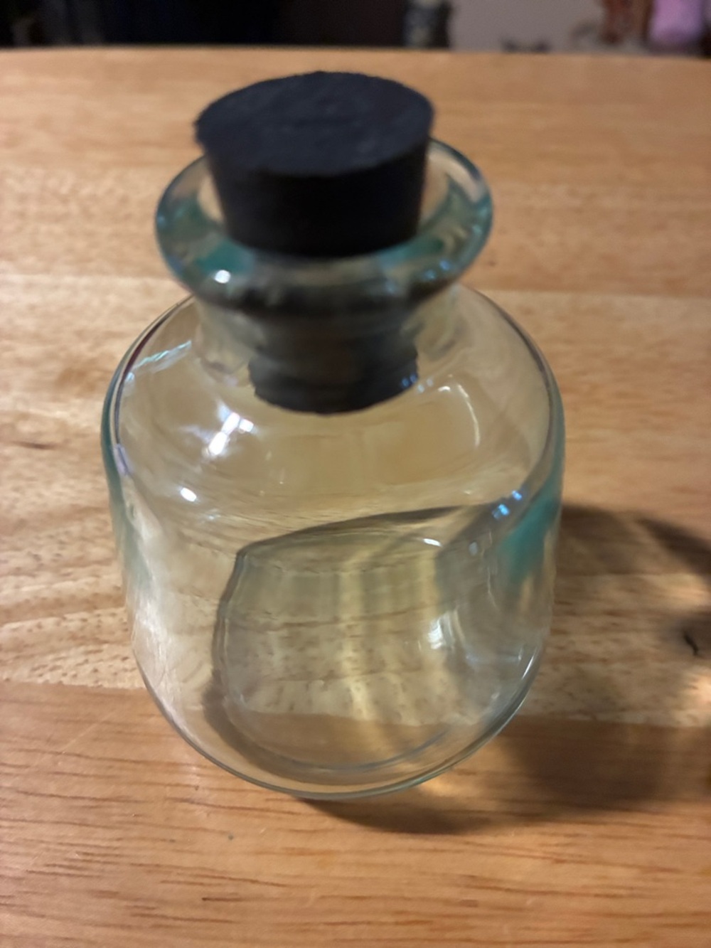Clear Small Glass Apothecary Bottle with Black Rubber Stopper-Has a Green tint